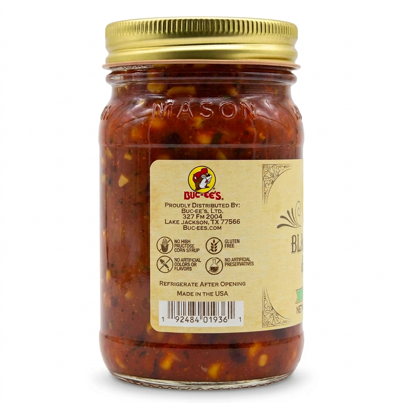 Buc-ee’s Black Bean & Corn Salsa side label showing gluten free and Made in USA claims, with corn and beans in the jar
