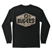 Buc-ee’s black long sleeve shirt with a large camo badge graphic featuring “Buc-ee’s” in bold black letters and the beaver logo