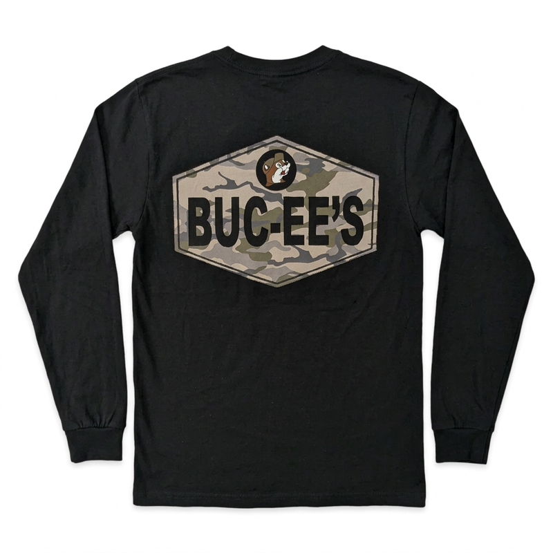 Buc-ee’s black long sleeve shirt with a large camo badge graphic featuring “Buc-ee’s” in bold black letters and the beaver logo