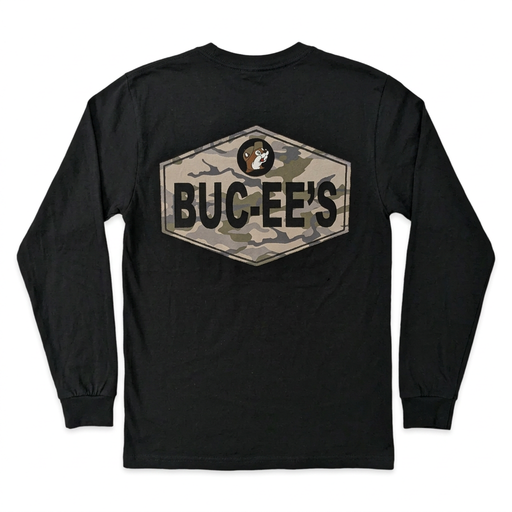 Buc-ee’s black long sleeve shirt with a large camo badge graphic featuring “Buc-ee’s” in bold black letters and the beaver logo