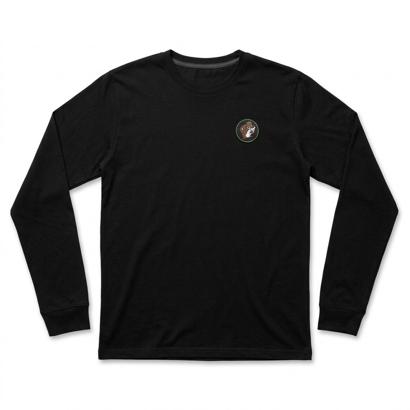 Buc-ee’s black long sleeve camo shirt with a crewneck, ribbed cuffs, and a small round beaver logo on the chest