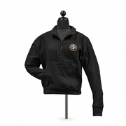 Buc-ee's black cropped fleece quarter-zip sweatshirt on a dress form, showing the kangaroo pocket and full-color beaver patch
