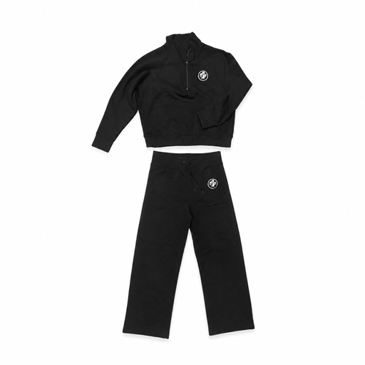 Buc-ee's black fleece set with a cropped quarter-zip pullover and wide-leg drawstring pants, each with a beaver logo patch