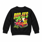 Buc-ee's black crewneck sweatshirt featuring a red flame hot rod truck graphic with 82 Pit Stop front print