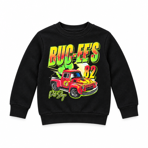 Buc-ee's black crewneck sweatshirt featuring a red flame hot rod truck graphic with 82 Pit Stop front print