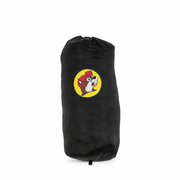 Black Buc-ee's Puffy Packable Winter Coat packed into its matching black drawstring storage bag with yellow beaver logo