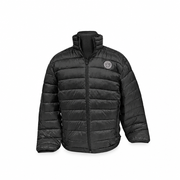 Buc-ee's Puffy Packable Winter Coat in black, a quilted puffer jacket with stand collar and gray beaver logo patch