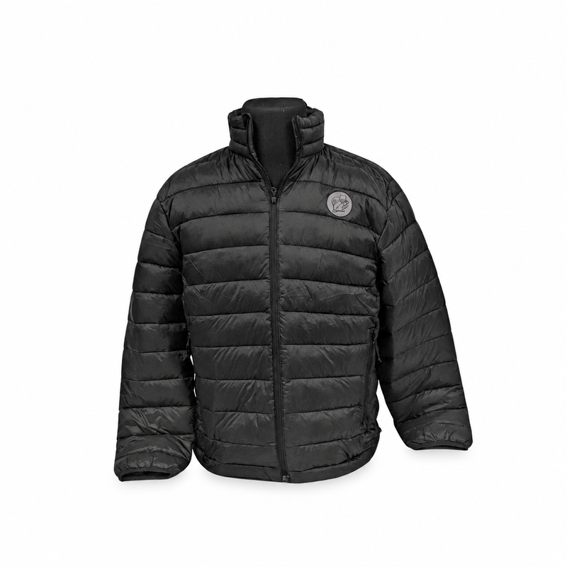 Buc-ee's Puffy Packable Winter Coat in black, a quilted puffer jacket with stand collar and gray beaver logo patch