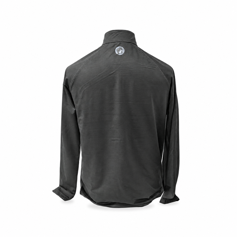 Buc-ee's black quarter-zip pullover jacket, back view with a small round beaver mascot logo below the collar
