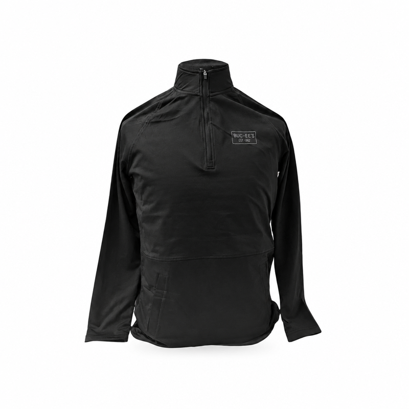 Buc-ee's black quarter-zip pullover jacket with stand-up collar, raglan sleeves, and EST 1982 chest logo