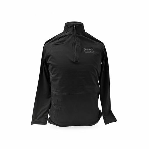 Buc-ee's black quarter-zip pullover jacket with stand-up collar, raglan sleeves, and EST 1982 chest logo