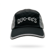 Buc-ee’s black running hat with gray embroidered lettering, perforated gray side panels, and gray-trimmed brim