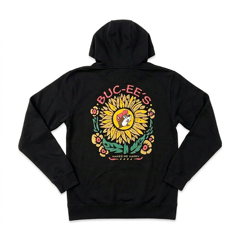 Buc-ee’s black Sunflower Hoodie with a large sunflower graphic, the beaver in the center, and the words “Buc-ee’s Makes Me Happy”