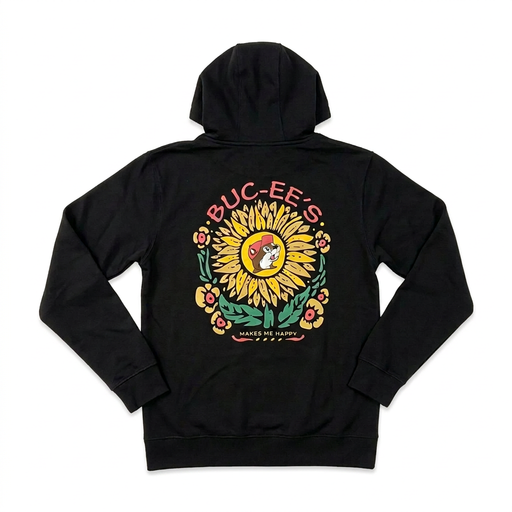 Buc-ee’s black Sunflower Hoodie with a large sunflower graphic, the beaver in the center, and the words “Buc-ee’s Makes Me Happy”