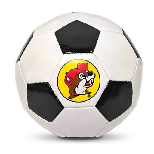 Buc-ee’s Soccer Ball with classic black and white stitched panels and the beaver logo in a yellow circle on the front