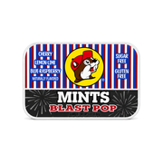 Buc-ee's Blast Pop Mints tin with Buc-ee the Beaver, red and blue stripes and sugar free label
