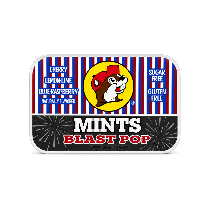 Buc-ee's Blast Pop Mints tin with Buc-ee the Beaver, red and blue stripes and sugar free label
