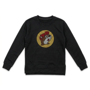 Buc-ee’s Bling Logo Sweater Top in black with a large rhinestone beaver logo in gold, red, brown, and white