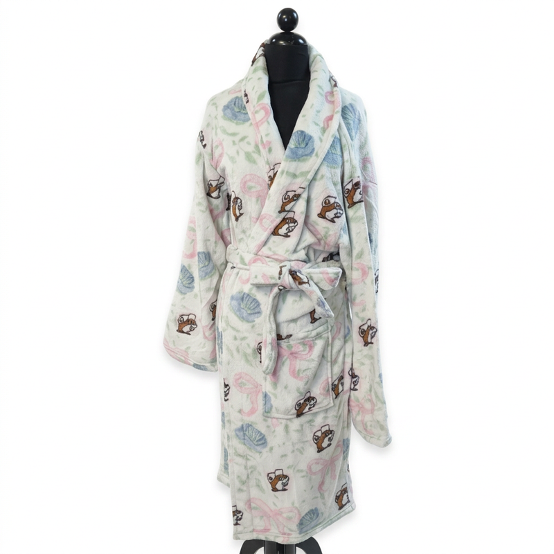 Buc-ee’s Blossoms and Bows Robe in plush white fleece with blue flowers, pink bows, and beavers, plus a tie belt and pocket