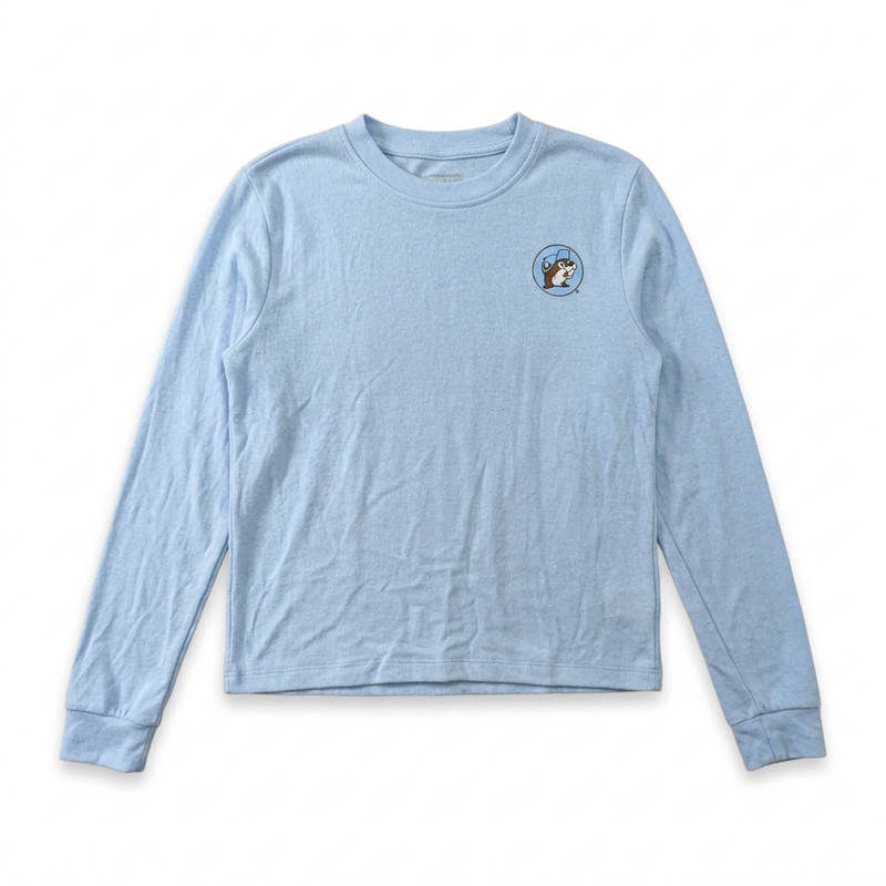Buc-ee’s blue long sleeve lounge shirt with a crewneck, ribbed cuffs, and a small beaver logo on the chest