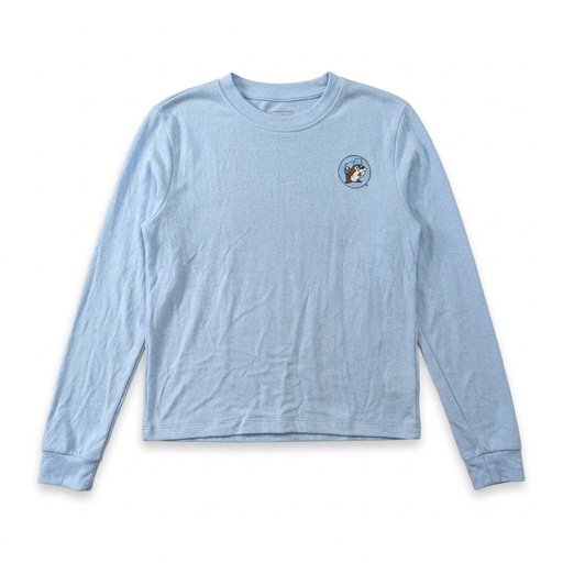 Buc-ee’s blue long sleeve lounge shirt with a crewneck, ribbed cuffs, and a small beaver logo on the chest