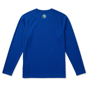 Back of the Buc-ee’s blue long sleeve swim shirt with a small round beaver mascot logo just below the collar
