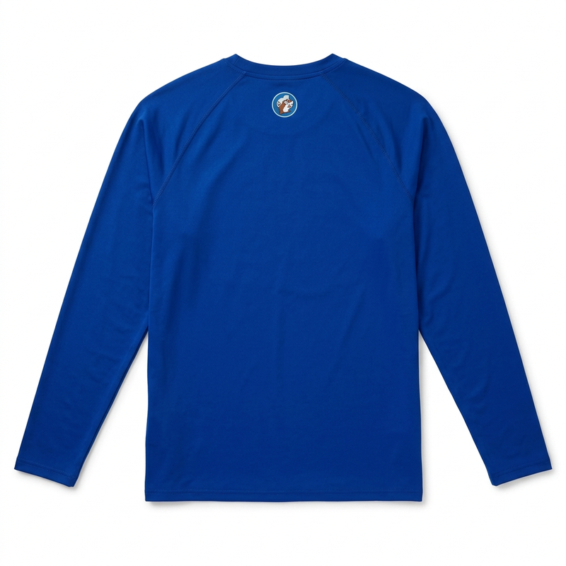 Back of the Buc-ee’s blue long sleeve swim shirt with a small round beaver mascot logo just below the collar
