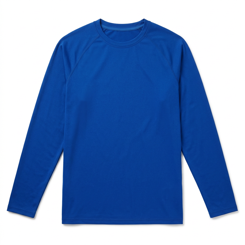 Buc-ee’s royal blue long sleeve swim shirt with a crewneck collar and raglan sleeves