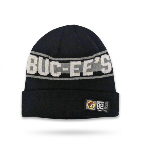 Buc-ee’s Bold black and white cuffed knit beanie with gray stripe lettering band and woven 82 patch on the cuff