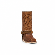 Front view of the Buc-ee's Boot Shot showing the embossed beaver logo centered on the shaft and the square crocodile-textured toe