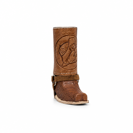 Front view of the Buc-ee's Boot Shot showing the embossed beaver logo centered on the shaft and the square crocodile-textured toe