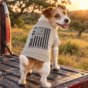 Jack Russell Terrier standing on a pickup truck tailgate at sunset wearing the tan Buc-ee's "Born and Bred" pet shirt, clearly showing the black US flag and "BORN AND BRED" graphic across its back.