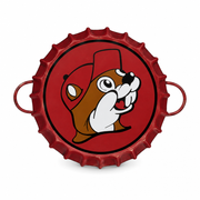 Buc-ee's Bottle Cap Tray in vintage-style red metal with side handles and the Buc-ee beaver logo in the center