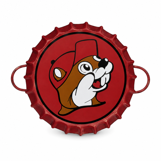 Buc-ee's Bottle Cap Tray in vintage-style red metal with side handles and the Buc-ee beaver logo in the center