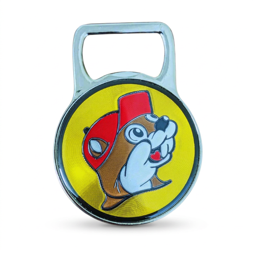 Buc-ee’s Bottle Opener Magnet in silver-tone metal with a glossy round yellow beaver logo and a cutout opener on top