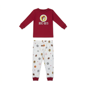 Buc-ee’s Boy Snug Fit Sports Pajama Set with a red long sleeve logo top and white pants printed with sports balls and stars