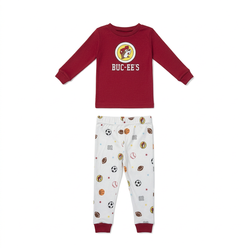 Buc-ee’s Boy Snug Fit Sports Pajama Set with a red long sleeve logo top and white pants printed with sports balls and stars