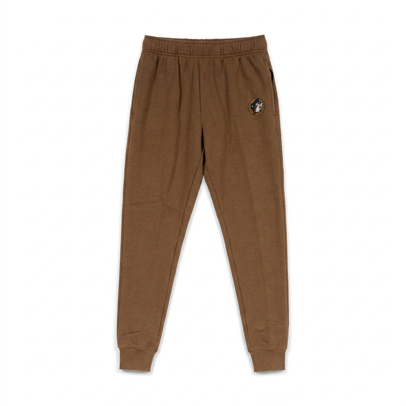 Buc-ee’s brown jogger pants with elastic waist, side pockets, cuffed ankles, and small beaver logo patch on the thigh