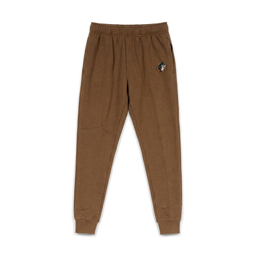 Buc-ee’s brown jogger pants with elastic waist, side pockets, cuffed ankles, and small beaver logo patch on the thigh