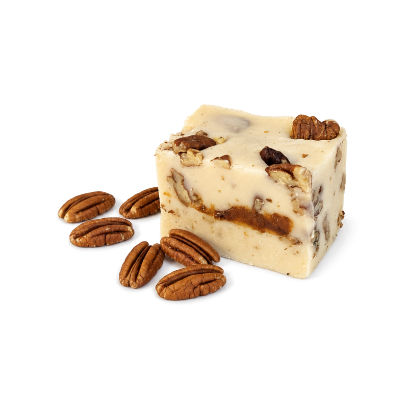 Buc-ee's butter pecan fudge, creamy square with pecan pieces and a golden swirl beside pecan halves