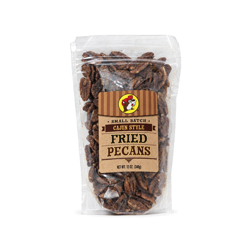 Buc-ee's Small Batch Cajun Style Fried Pecans in a 12 oz clear bag, seasoned pecan halves for a savory Southern snack