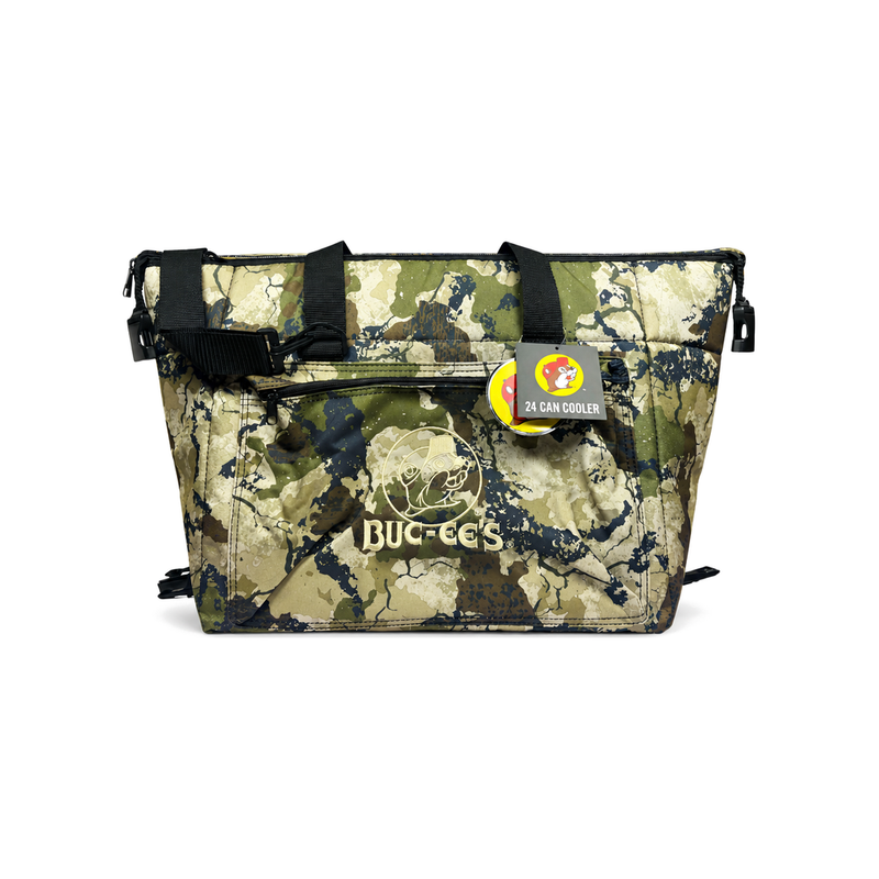 Buc-ee's camo soft cooler bag, 24 can capacity, with black carry handles, front zip pocket and gold beaver logo
