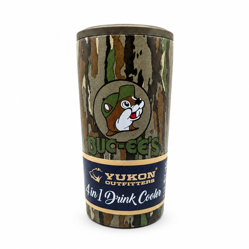 A camouflage pattern stainless steel 4-in-1 drink cooler by Yukon Outfitters sitting on a black wire rack. The tumbler features a bark camo design, a circular logo of the Buc-ee's beaver wearing a green camo cap above bold "BUC-EE'S" text, and a blue package band reading "Yukon Outfitters 4 in 1 Drink Cooler".