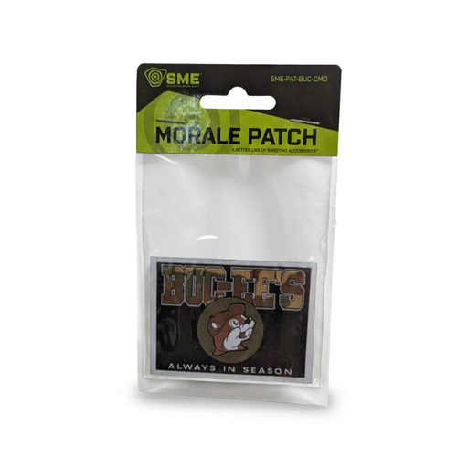 Buc-ee's camo morale patch, rectangular with a Buc-ee the Beaver logo and Always in Season text, in an SME bag