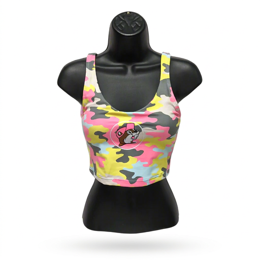 Buc-ee’s pastel camo athletic crop top on a black mannequin, showing the cropped fit and scoop neckline