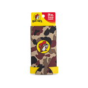 Buc-ee's 24 oz camo beverage insulator with the yellow beaver logo, in its yellow hang-tag retail packaging