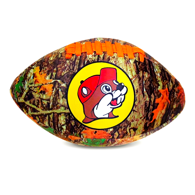 Buc-ee’s Camo Football with a woodland tree camouflage print, orange laces, and the beaver logo in a yellow circle