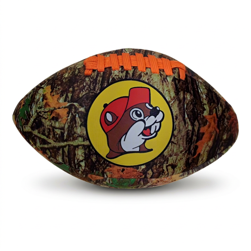 Buc-ee’s Camo Football with a woodland tree camouflage print, orange laces, and the beaver logo in a yellow circle