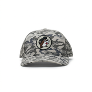 Buc-ee’s camo trucker hat in gray camouflage with embroidered beaver patch and curved brim, front view