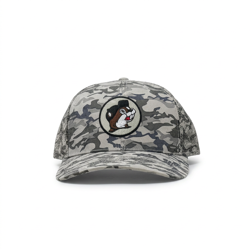 Buc-ee’s camo trucker hat in gray camouflage with embroidered beaver patch and curved brim, front view